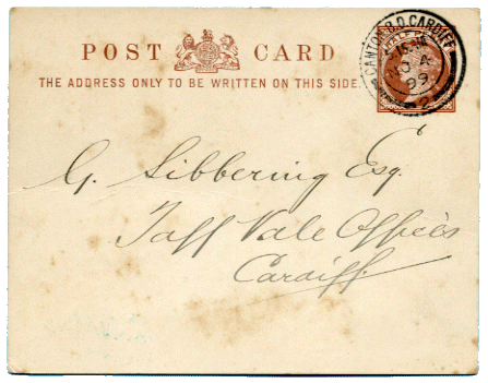 Front of Half Penny Postal Stationery card withNO 4 (18)99 Canton B O Cardiff postmark