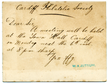 Reverse of Half Penny Postal Stationery card withnotice of Cardiff Philatelic Society inaugural meeting
