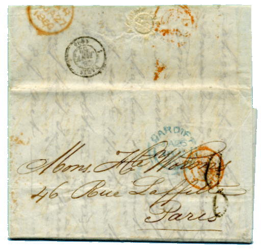 Entire to Paris  with Cardiff Cicular Double Arc  mark 1852 in Blue