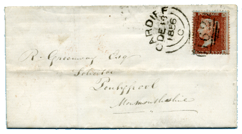 Envelope with Cardiff Sideways Duplex postmark 1856