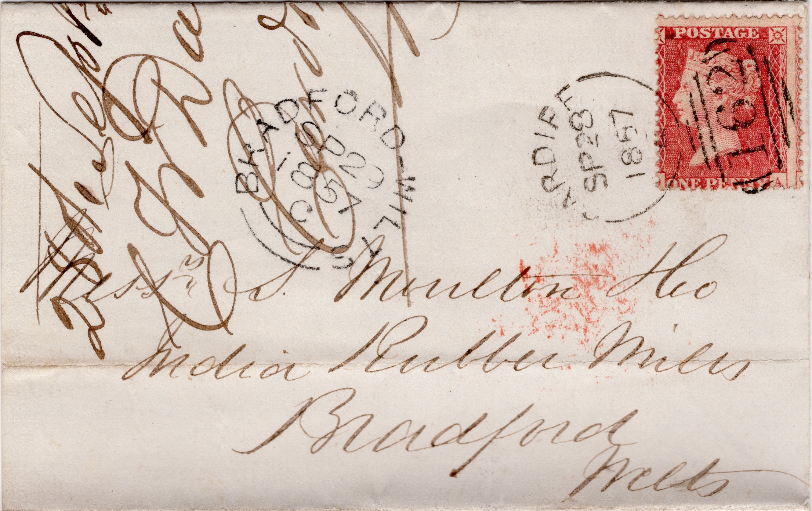 Envelope with Cardiff Sideways Duplex postmark 1857