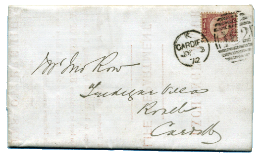 Entire with Cardiff Duplex postmark 1872