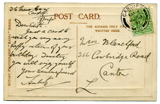 Postcard with Cardiff Double Circle postmark 1911