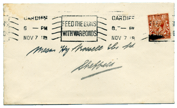 FEED THE GUNS WITH WAR BONDS Slogan Postmark 1918 on Envelope