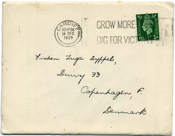 GROW MORE FOOD/DIG FOR VICTORY Slogan Postmark 1939 on Envelope