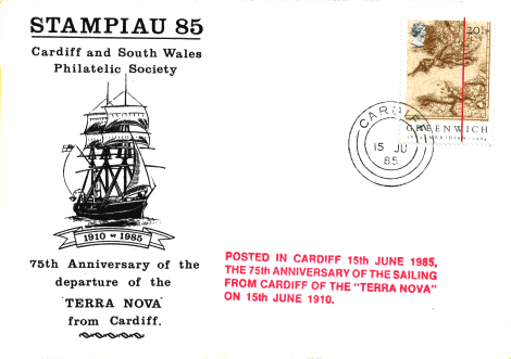 Commemorative cover from Cardiff 15th June 1985 75th Anniversary of  Scott's departure from Cardiff for the Antarctic