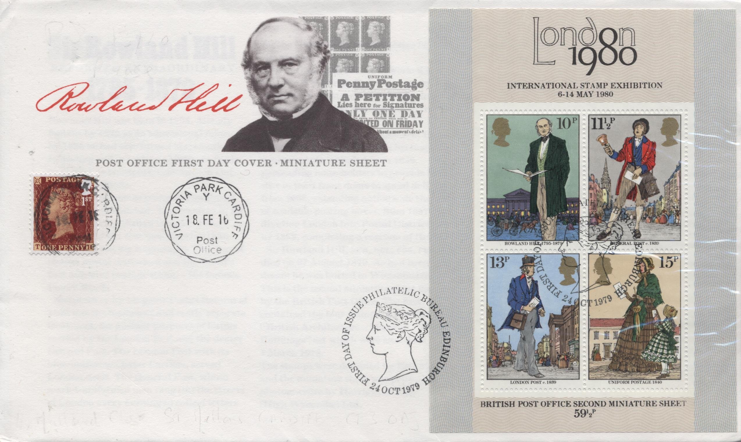 1980 Rowland Hill Miniature Sheet FDC double dated for 175th Anniv. Penny Red Victoria Park FDI cancellation